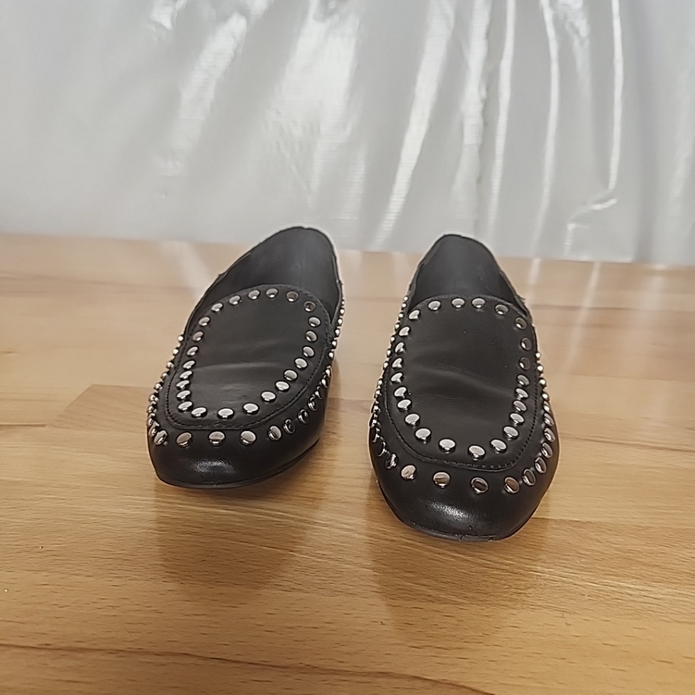Bleecker & Bond Arianna Black Leather Studded Loafers 6.5M Preppy Chic